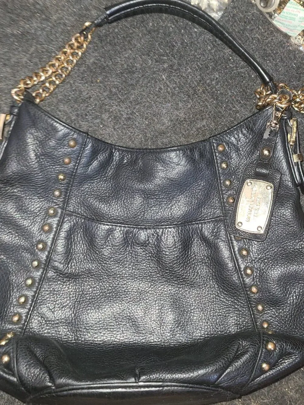 $358 Michael Kors Black Pebbled Leather Studded Medium Hobo Shoulder Bag Purse